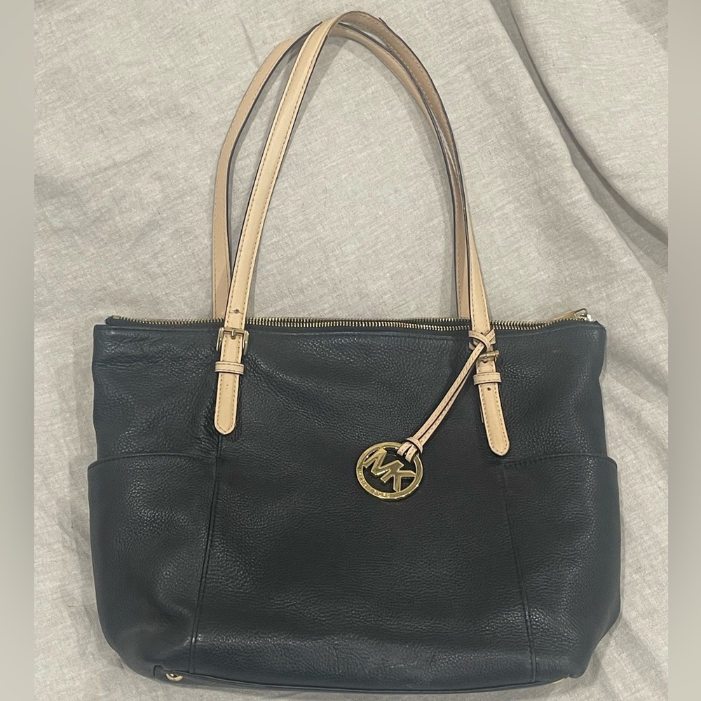 Michael Kors Leather Tote Bag – Black with Tan Straps